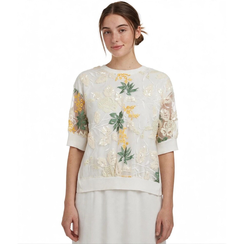 Zara Top Women's S Ivory Floral Embroidered Mesh Sequin NWOT New Elbow Sleeve